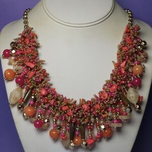 Vintage Chicos beaded BoHo Bib Necklace Gold Tone Colorful Beads